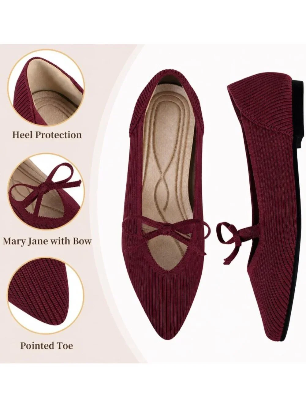 Women's Burgundy Pointed Toe Flats Comfortable Knit Ballet Shoes Washable Dressy